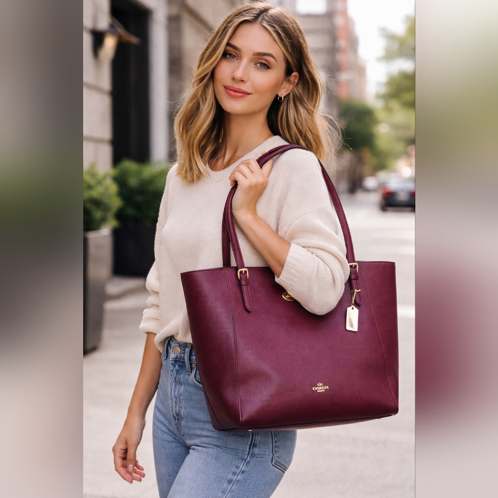Coach Pebbled Leather Tote Bag – Burgundy / Wine